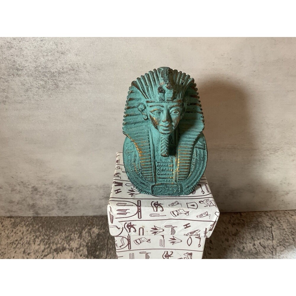 Vintage King Tut Bust Paperweight Heavy Green Carved Stone 3 1/2” Tall